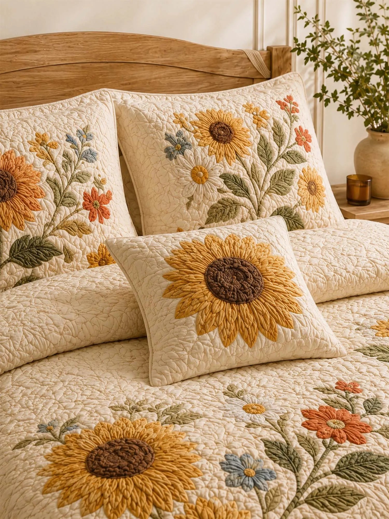 Farmhouse Sunflower Floral Quilted Bedding Set – Cozy Luxury Quilt Bedding with Matching Pillow Shams