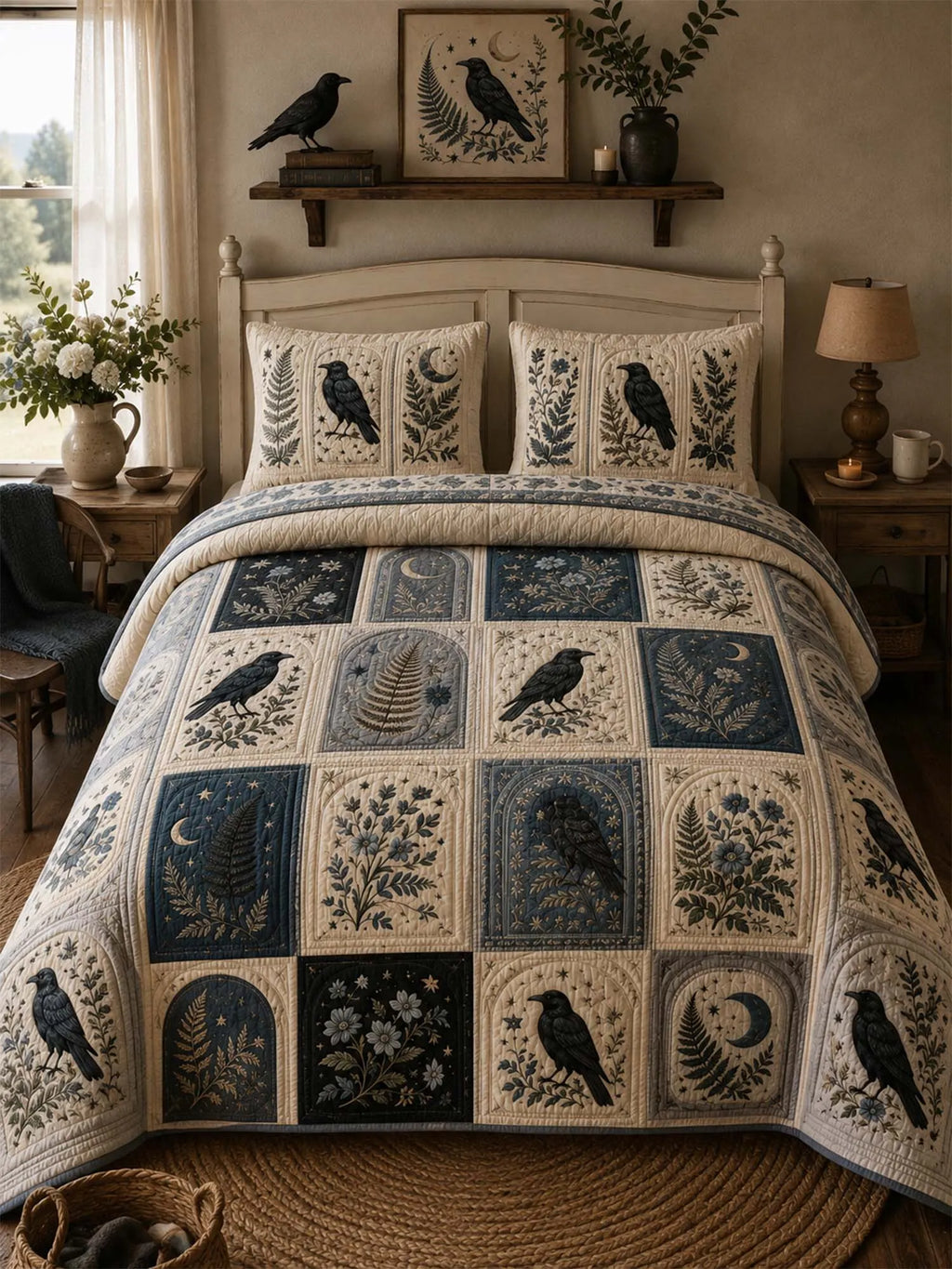 Raven Moonlit Patchwork Quilted 3-Piece Bedding Set
