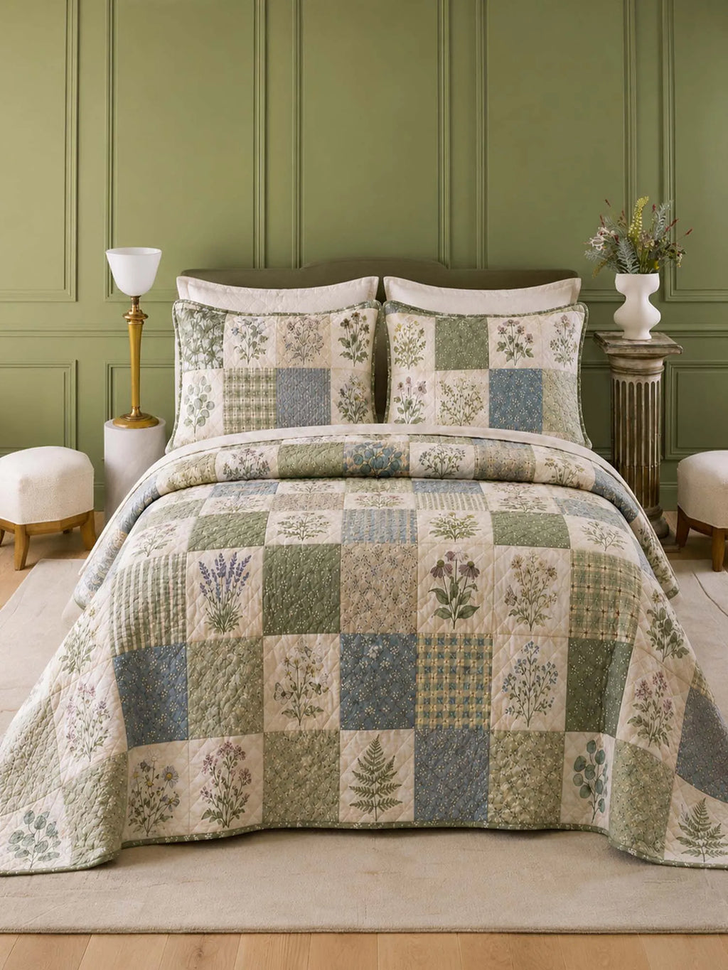 Herbal Garden Patchwork Quilted 3-Piece Bedding Set – Vintage Cottage Quilted Bedding With Matching Pillow Shams