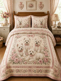 Westie Puppy Floral Gathering 3‐Piece Quilted Bedding Set