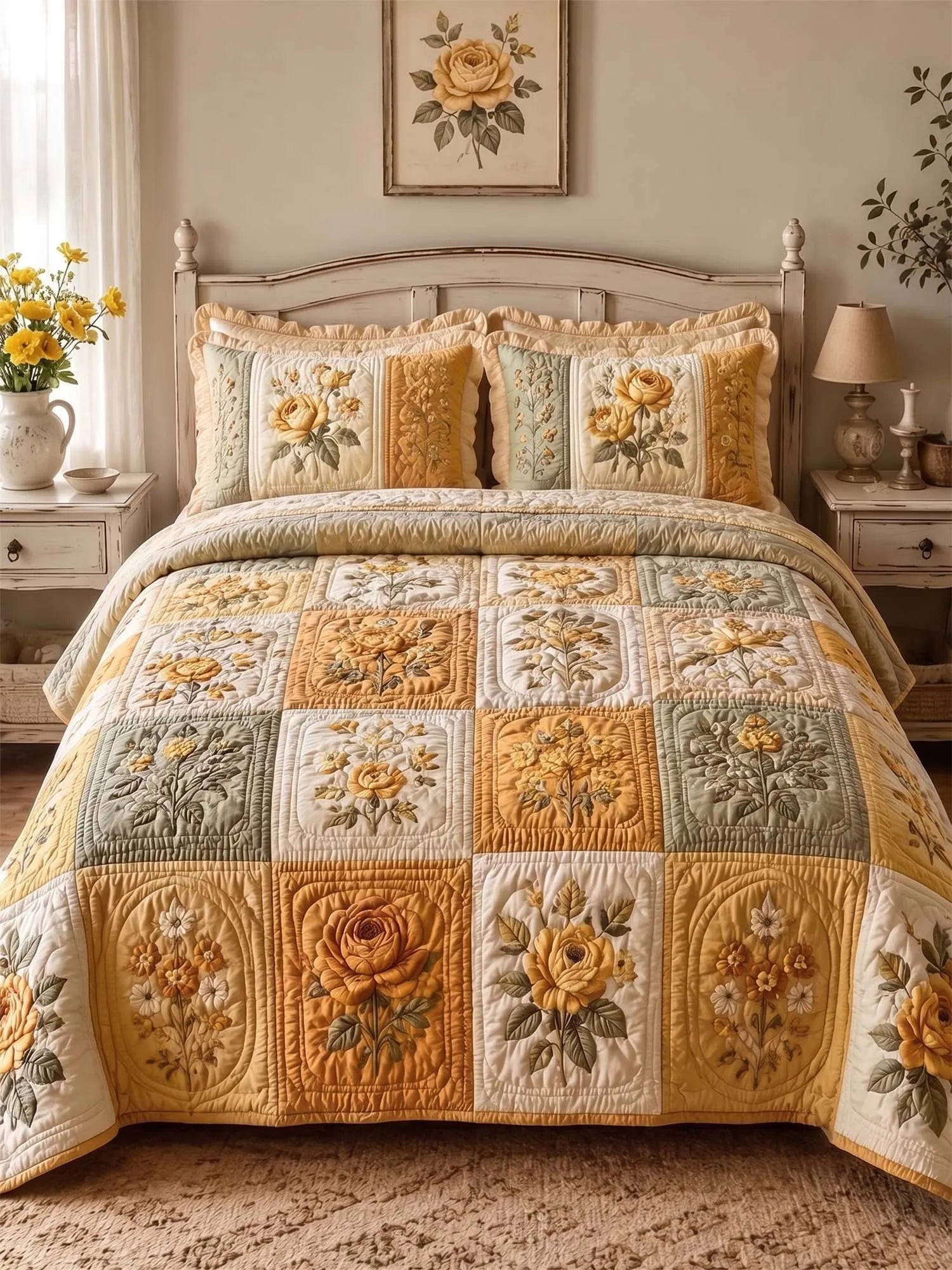 Cottagecore Floral 3-Piece Quilted Bedding Set