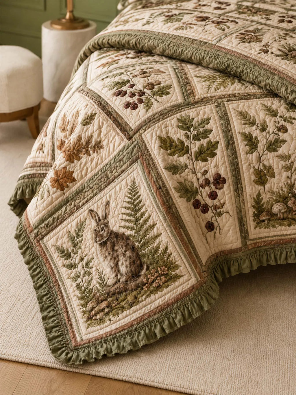 Woodland Rabbit Quilted 3-Piece Bedding Set – Classic Americana Quilted Bedding With Matching Pillow Shams