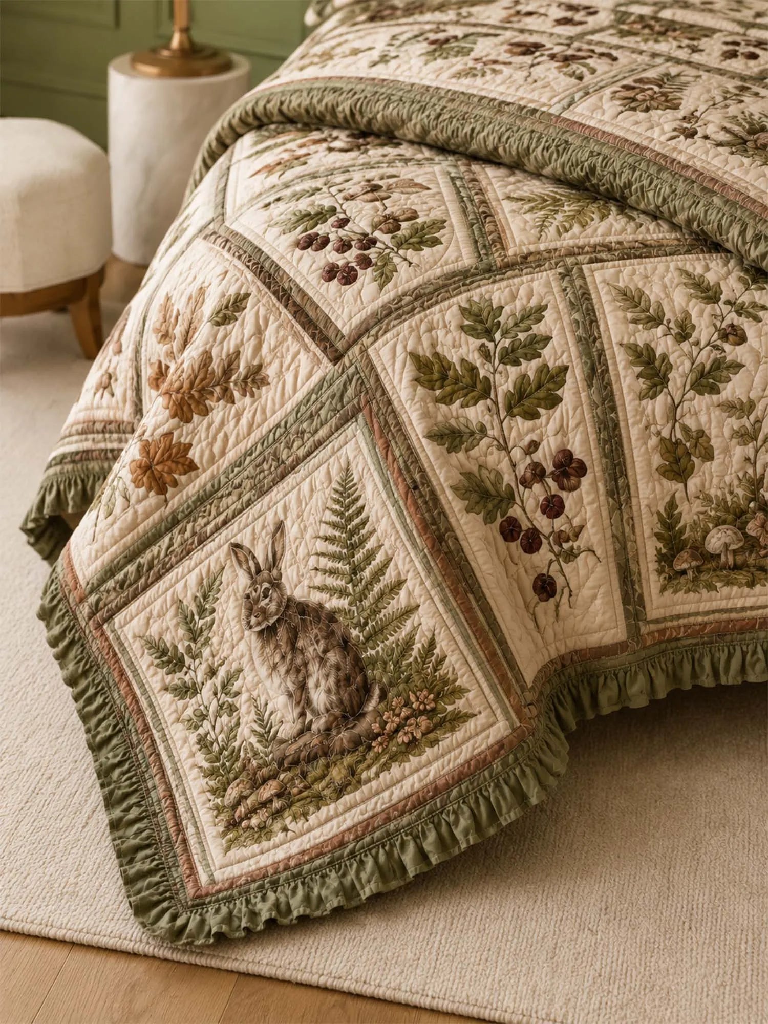 Woodland Rabbit Quilted 3-Piece Bedding Set – Classic Americana Quilted Bedding With Matching Pillow Shams