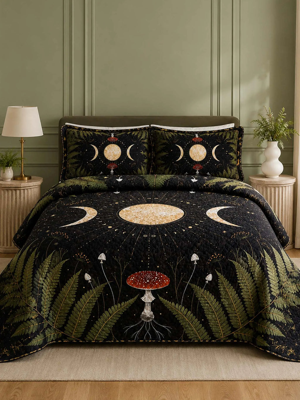 Moonlit Mushroom Forest Quilted 3-Piece Bedding Set – Dark Botanical Quilted Bedding With Matching Pillow Shams