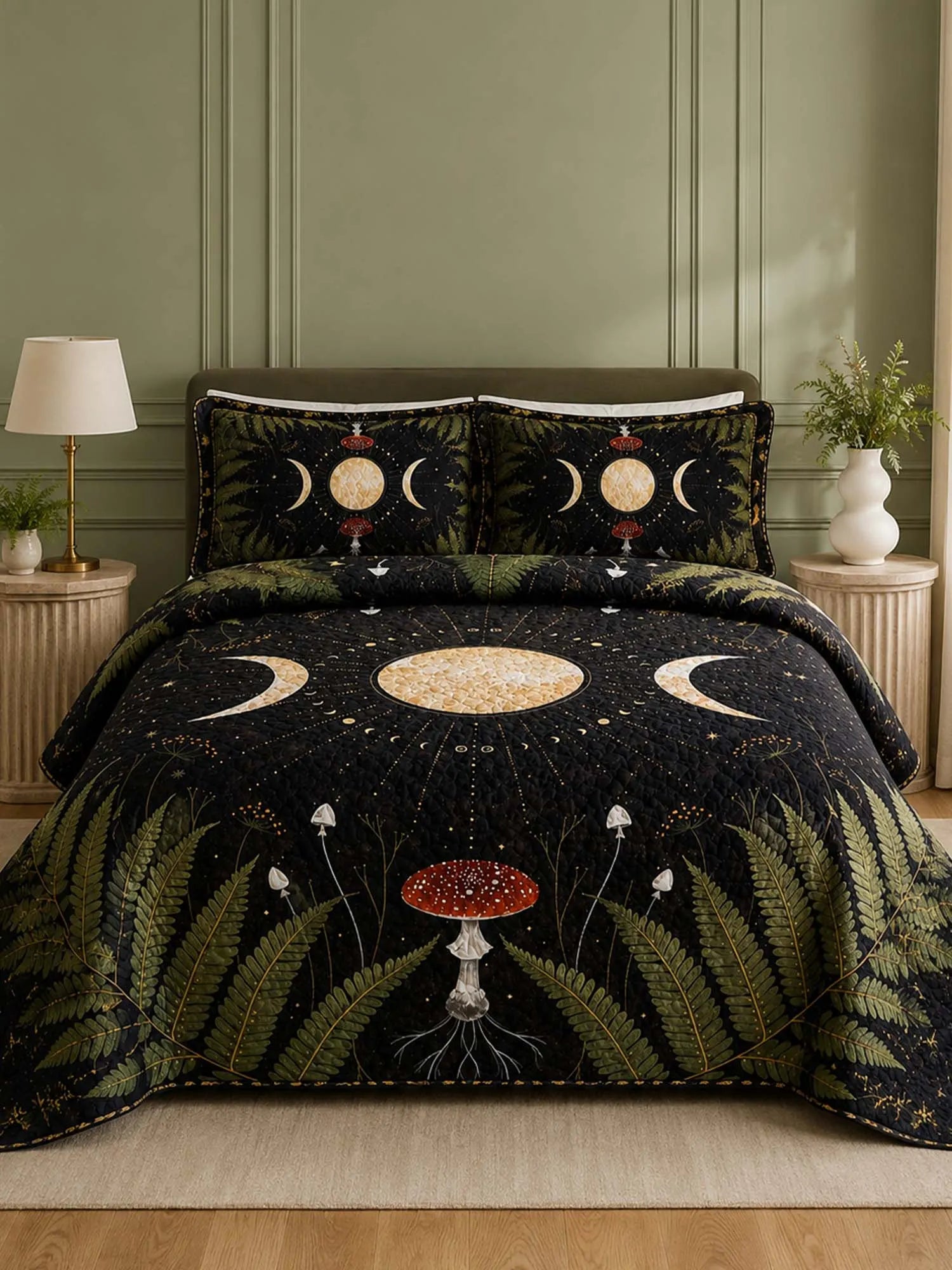 Moonlit Mushroom Forest Quilted 3-Piece Bedding Set – Dark Botanical Quilted Bedding With Matching Pillow Shams