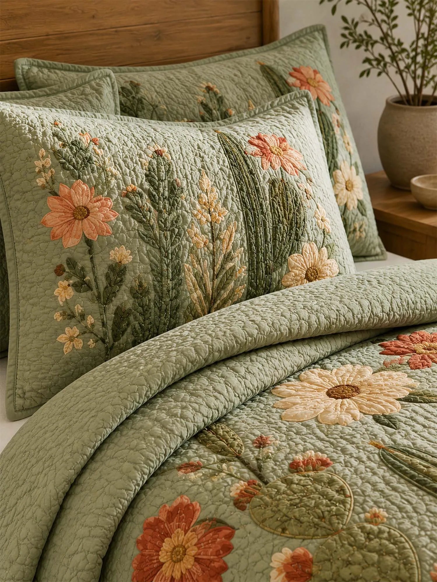 Cactus Garden Floral Quilted 3-Piece Bedding Set – Vintage Desert Style Quilted Bedding with Matching Pillow Shams