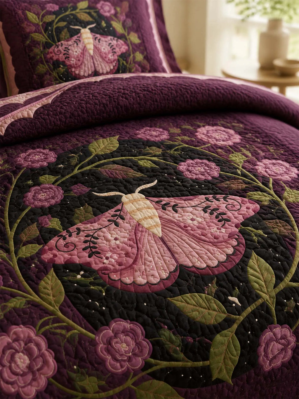 Pink Moth Gothic Garden Quilted 3-Piece Bedding Set
