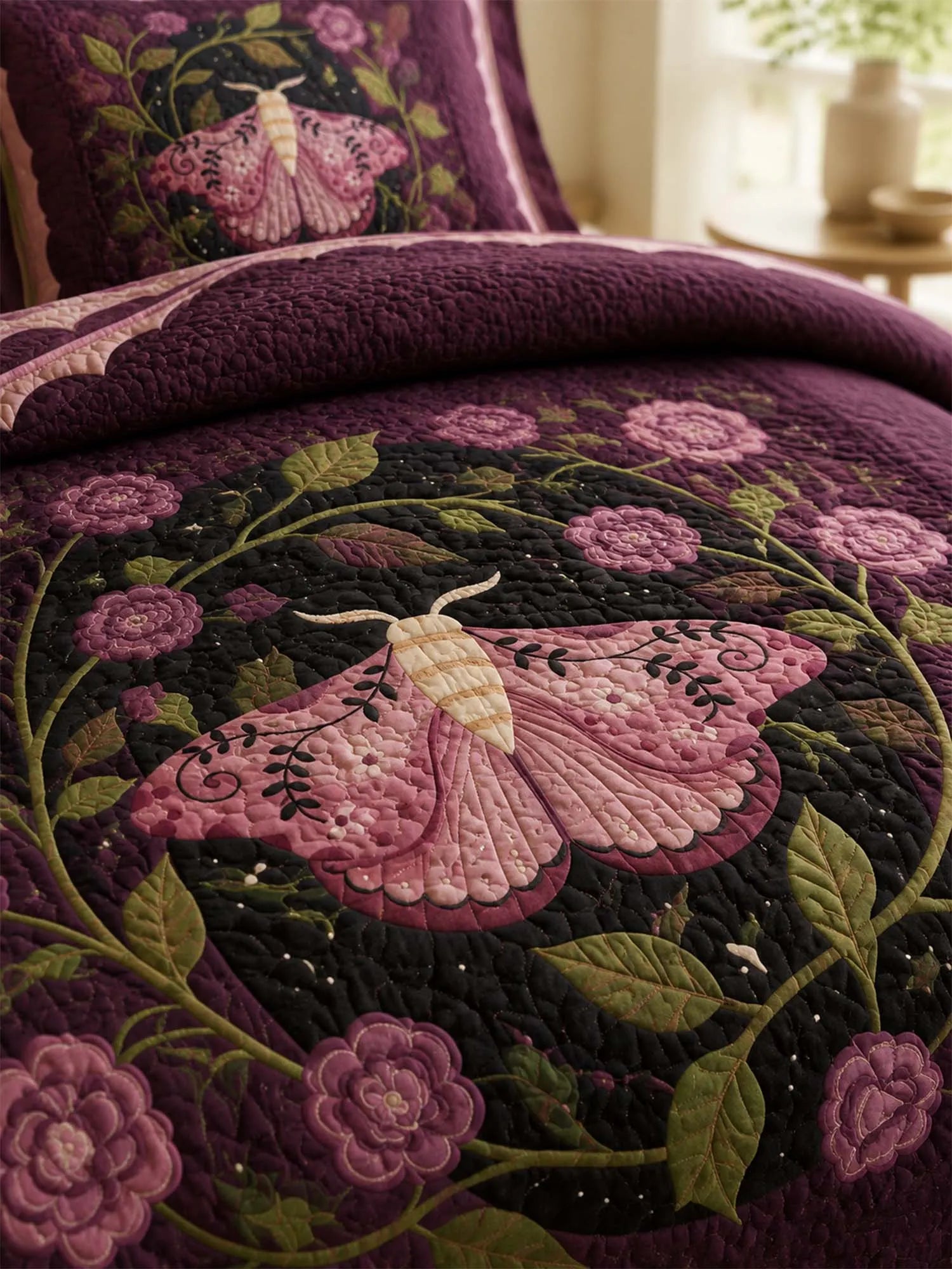 Pink Moth Gothic Garden Quilted 3-Piece Bedding Set
