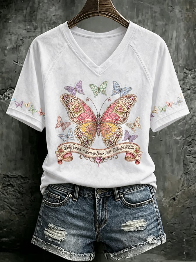 V Neck Retro Born To Shine Print T-Shirt