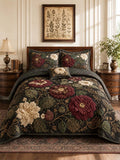 Dark Botanical Floral Quilted 3-Piece Bedding Set – Luxury Quilted Bedding with Matching Pillow Shams