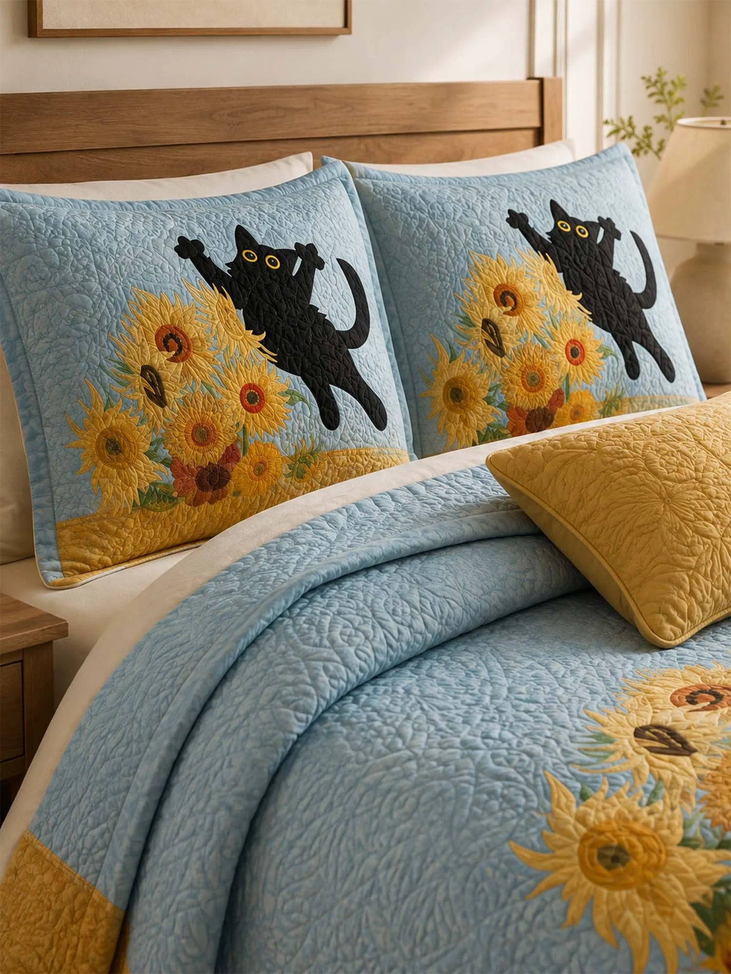Black Cat Sunflower Garden Quilted 3-Piece Bedding Set