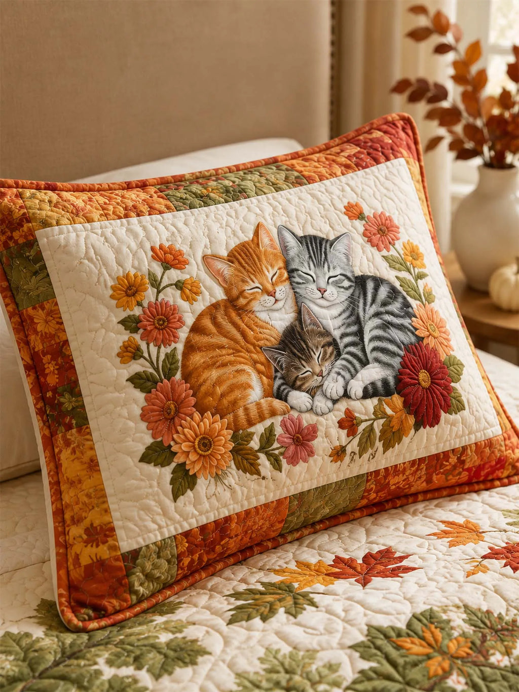 Autumn Garden Cat Quilted 3-Piece Bedding Set