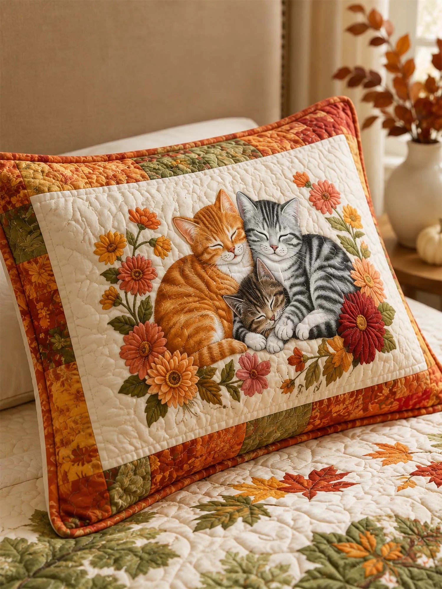 Autumn Garden Cat Quilted 3-Piece Bedding Set
