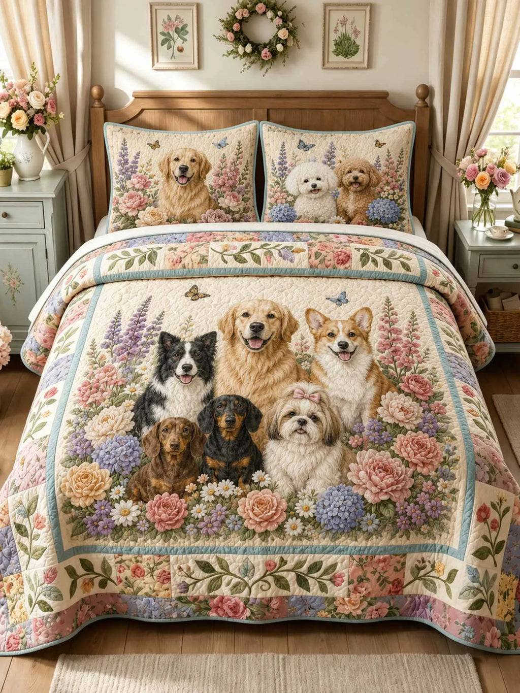 Garden Puppy Gathering 3-Piece Quilted Bedding Set