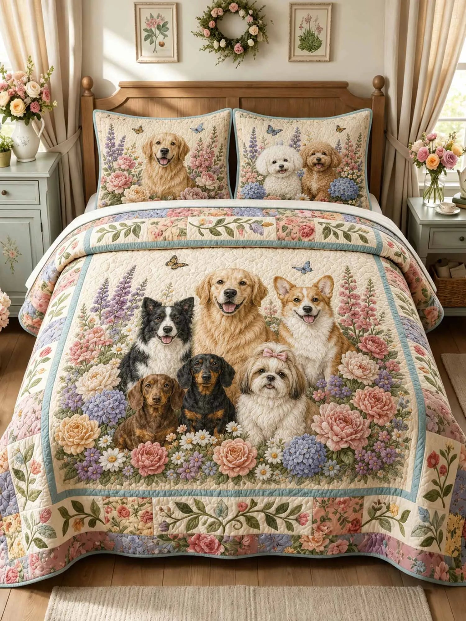 Garden Puppy Gathering 3-Piece Quilted Bedding Set