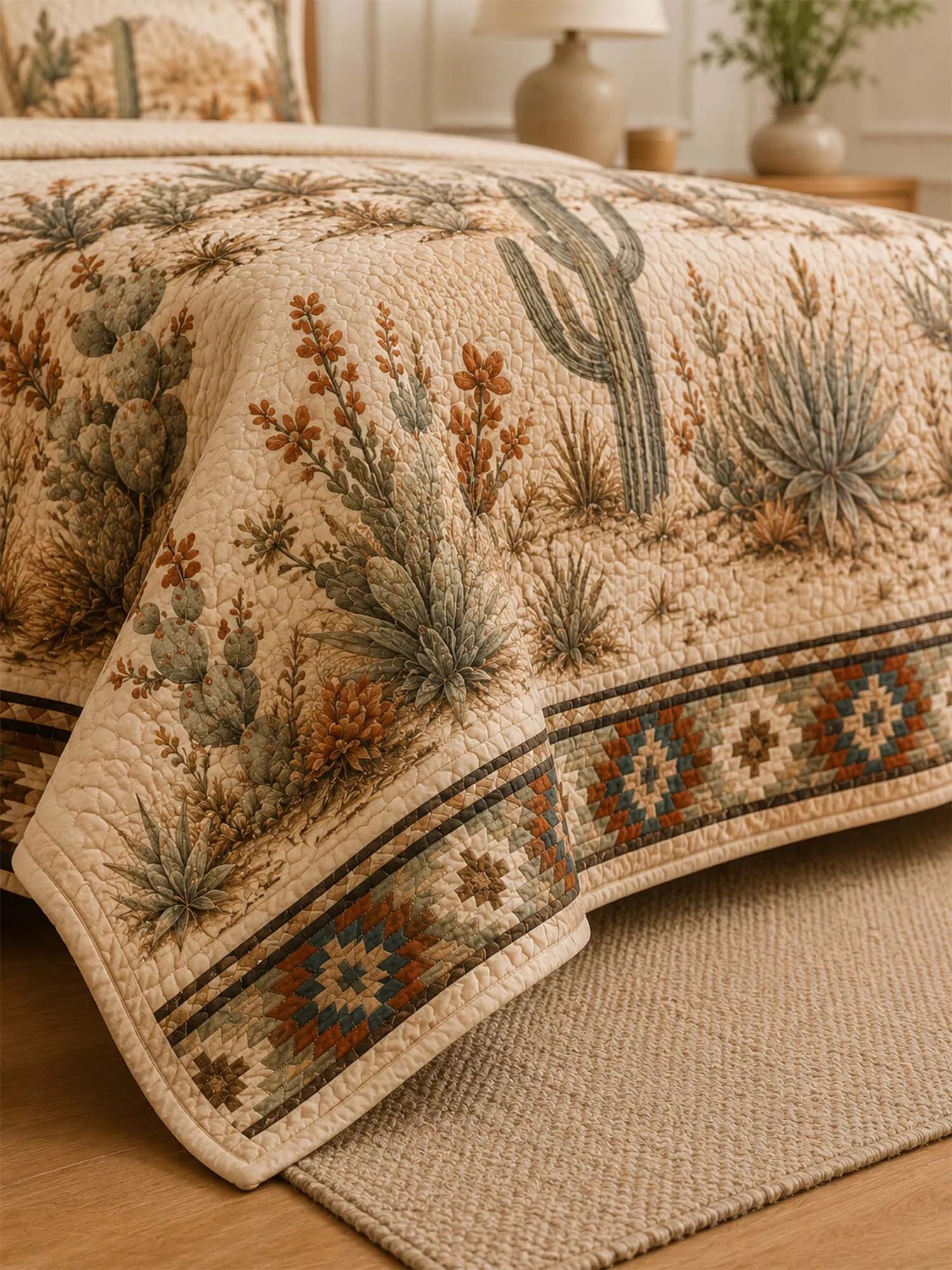 Desert Cactus Quilted 3-Piece Bedding Set – Natural Farmhouse Quilted Bedding with Matching Pillow Shams
