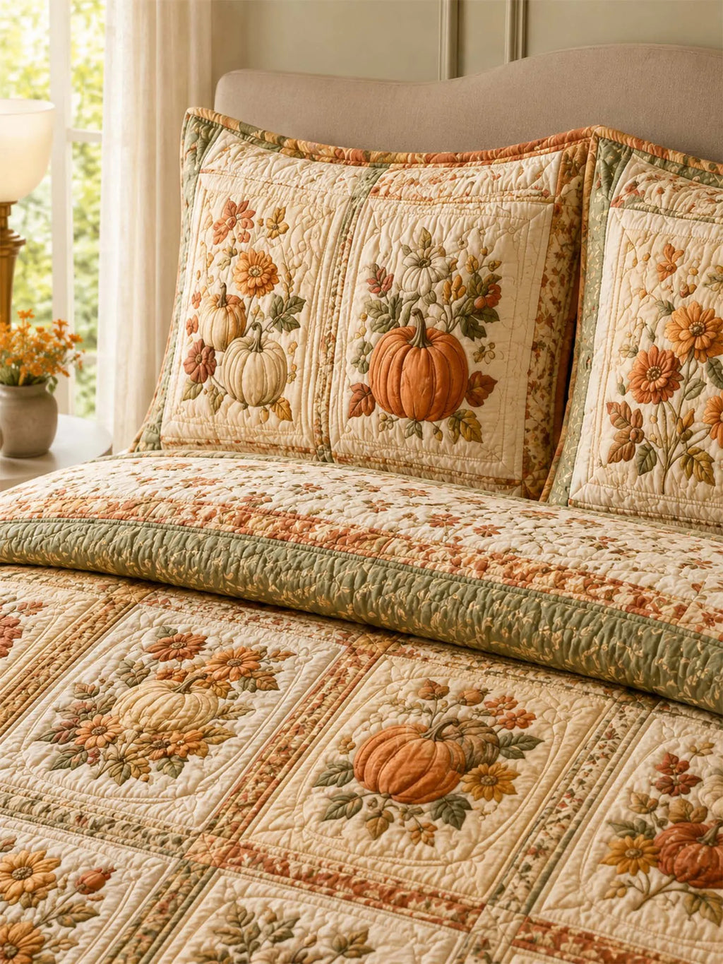 Pumpkin Harvest Quilted 3-Piece Bedding Set – Vintage Farmhouse Quilted Bedding With Matching Pillow Shams