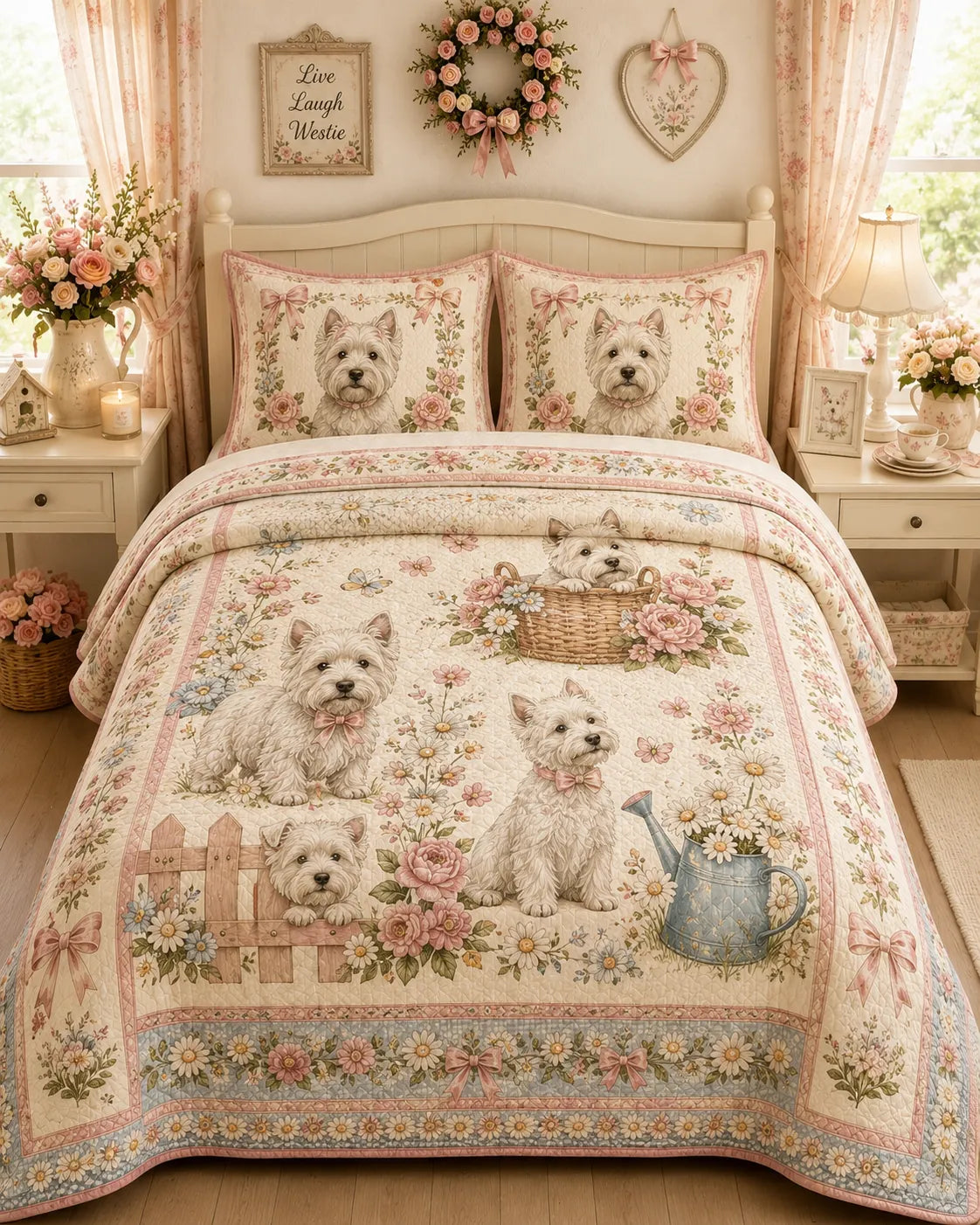 Country Garden Westie Puppy 3‐Piece Quilted Bedding Set