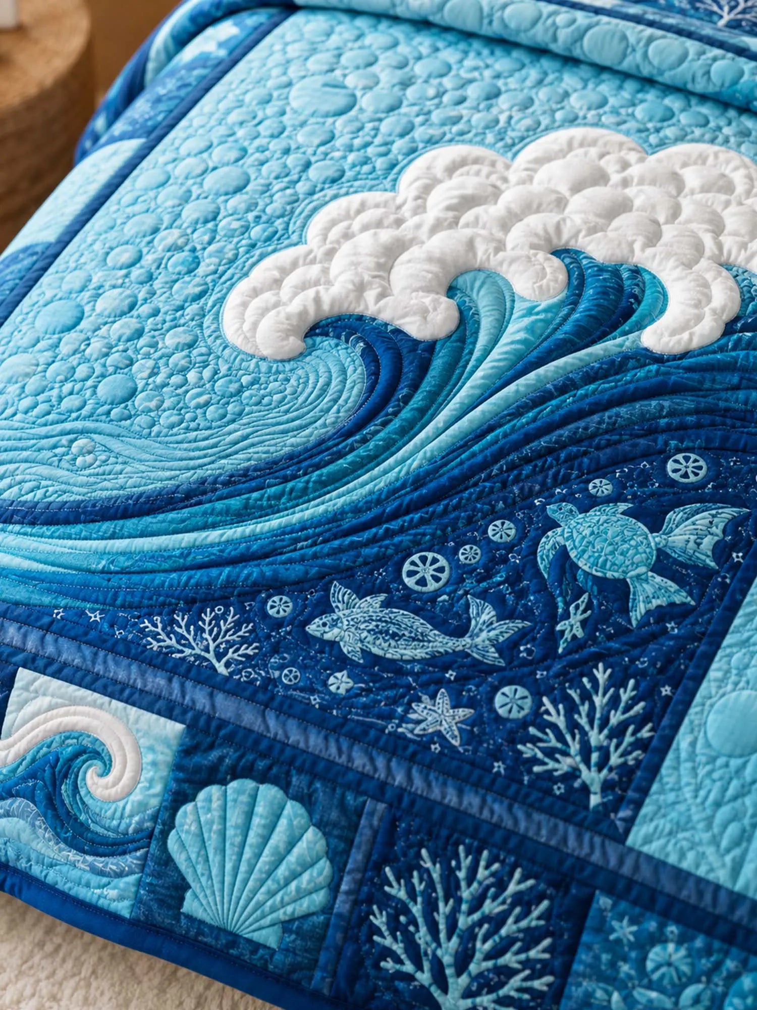 Ocean Wave Quilted 3-Piece Bedding Set – Coastal Inspired Quilted Bedding With Matching Pillow Shams