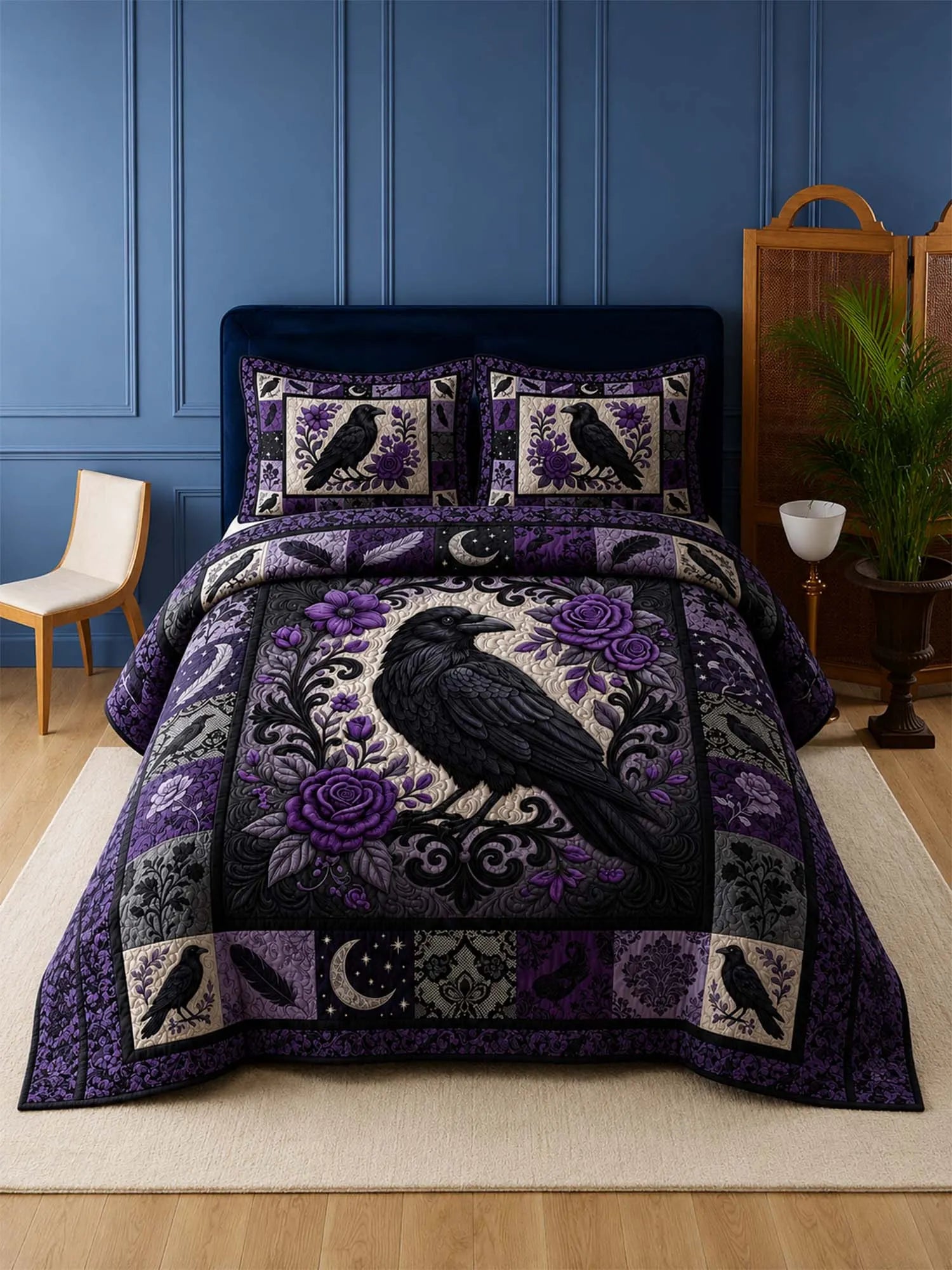 Raven Gothic Garden Quilted 3-Piece Bedding Set