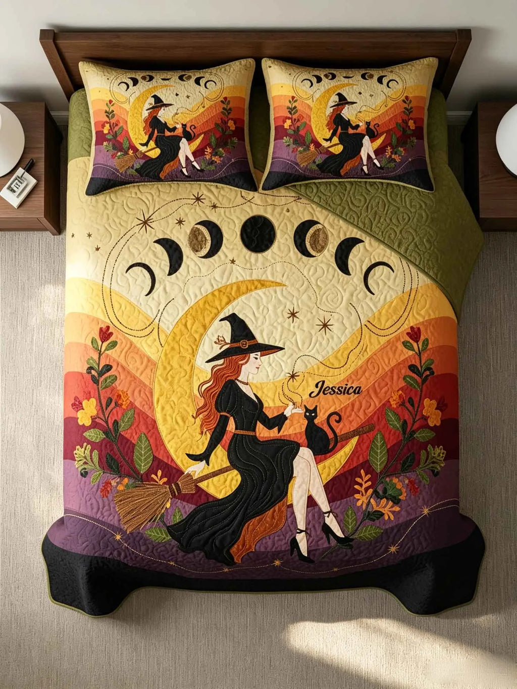 Halloween-Mabon Witch Autumn Moon Quilt Bed Set-Three-Piece Quilted Bedding Set