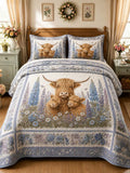 Highland Cow Family Floral Garden 3-Piece Quilted Bedding Set