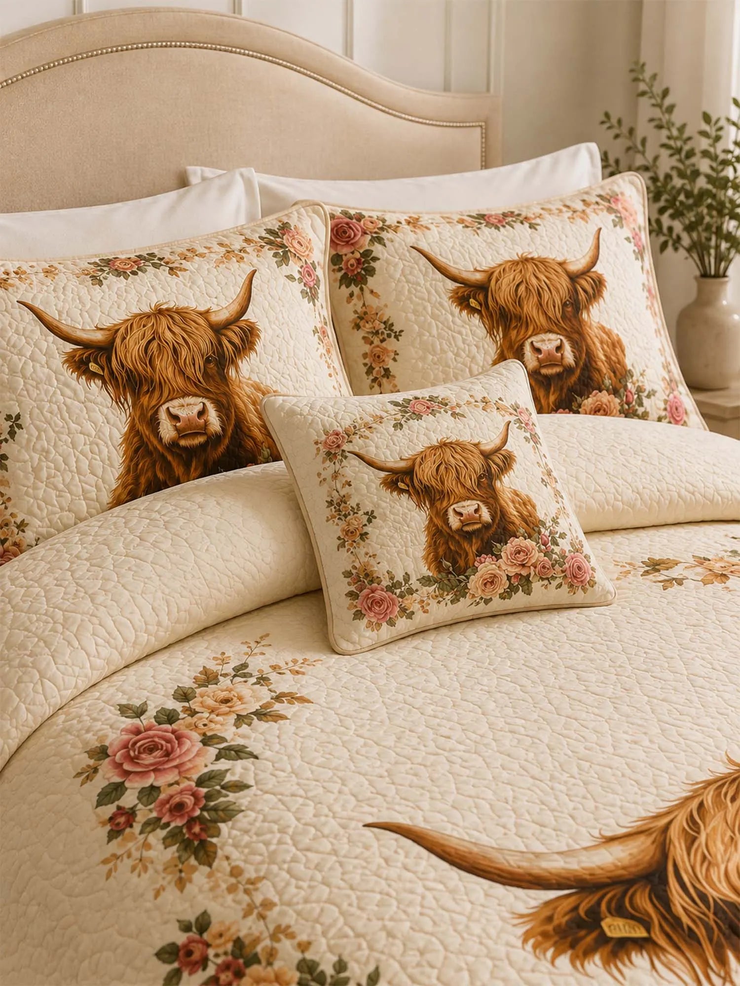 Highland Cow Rose Garden Quilted 3-Piece Bedding Set