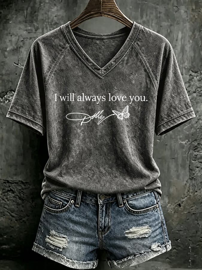 V Neck Retro Butterfly  I Will Always Love You Print T-Shirt