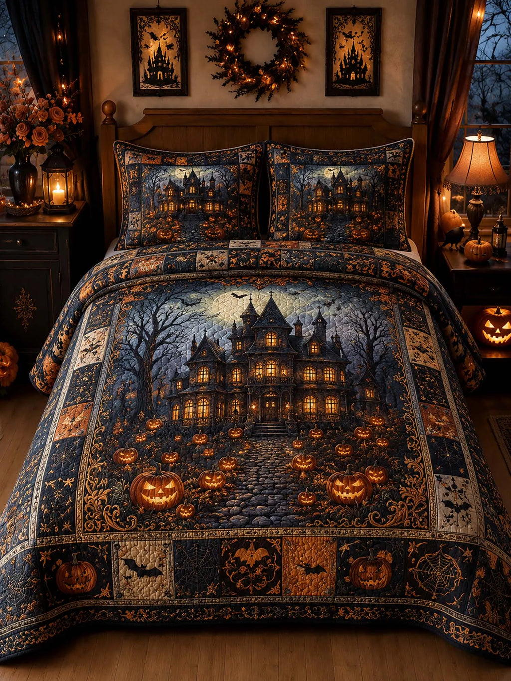 Vintage Halloween Haunted Mansion Pumpkin 3‐Piece Quilted Bedding Set