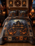 Vintage Halloween Haunted Mansion Pumpkin 3‐Piece Quilted Bedding Set