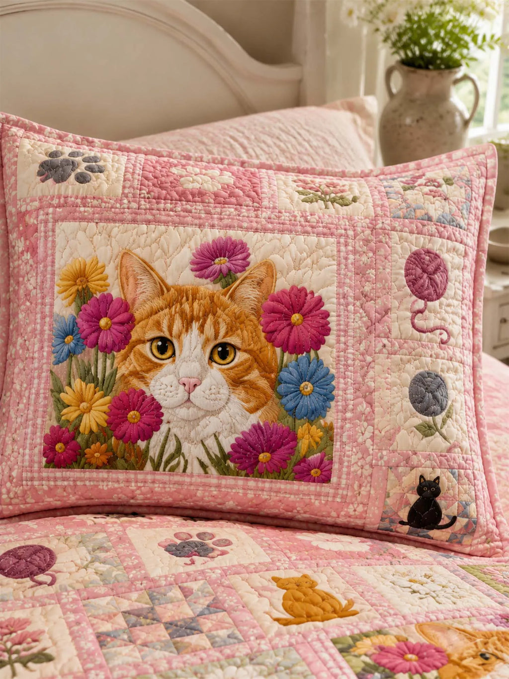 Floral Cat Portrait Quilted 3-Piece Bedding Set