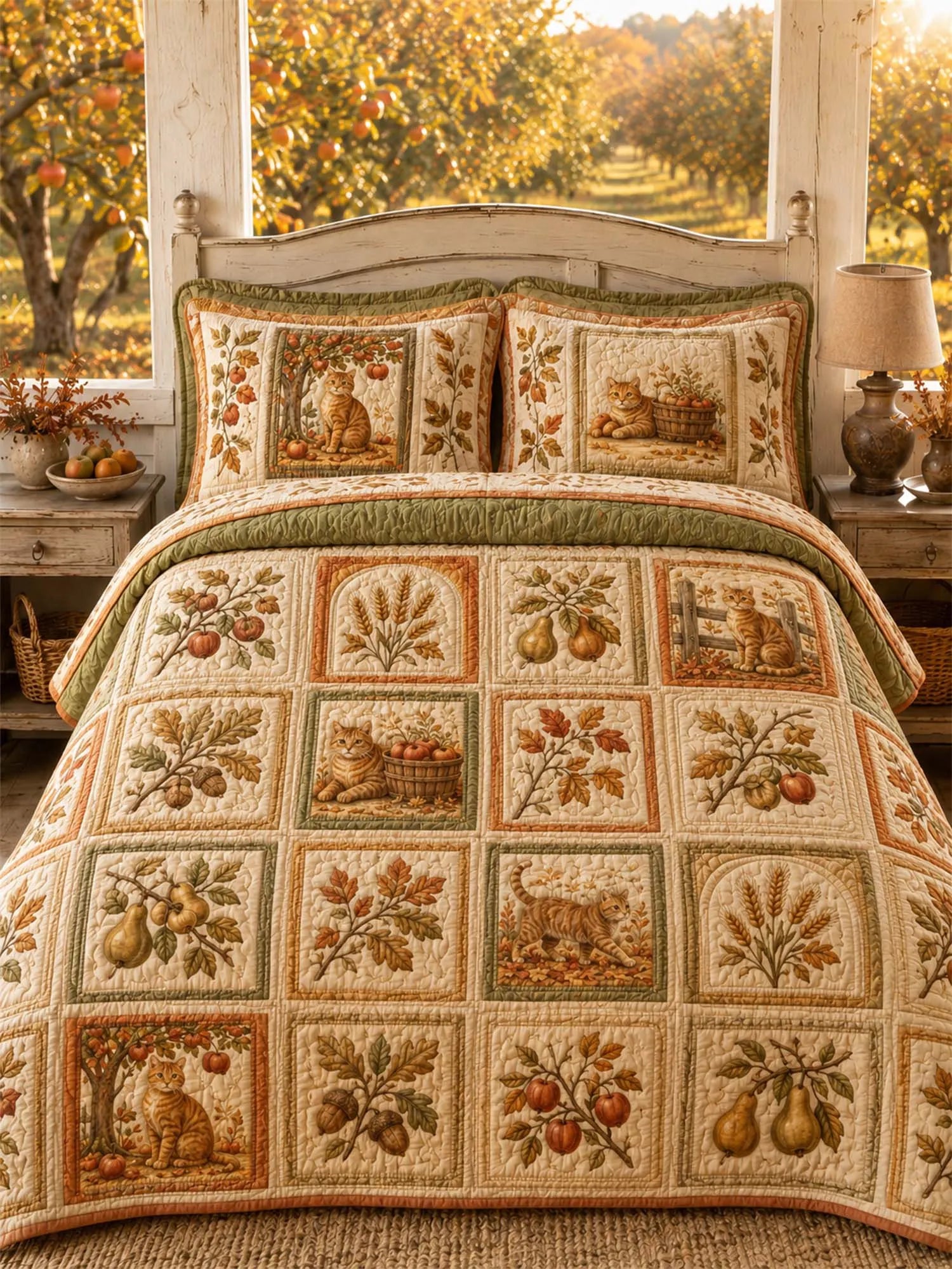 Autumn Orchard Cat Quilted 3-Piece Bedding Set