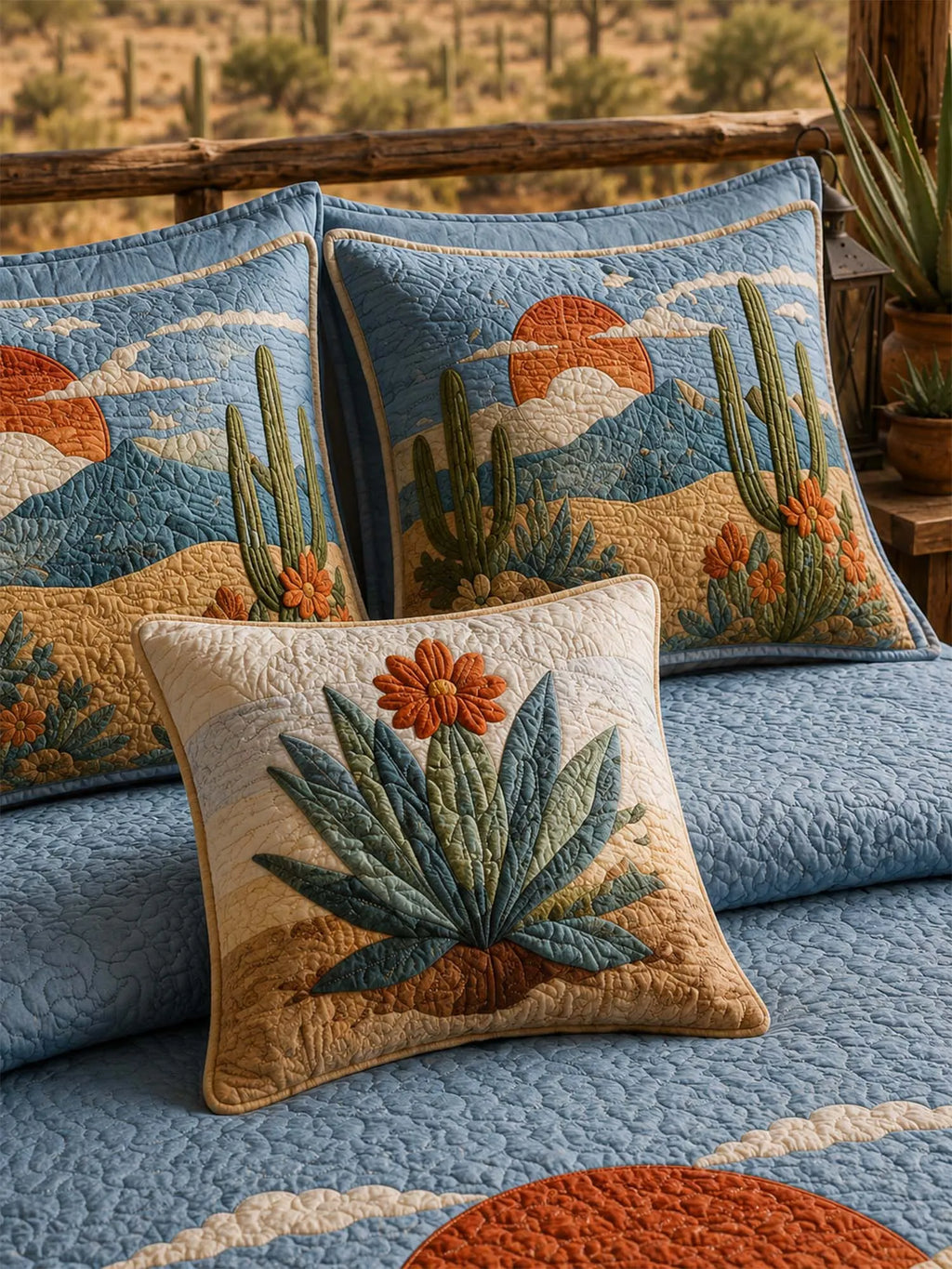 Desert Horse Landscape Quilted 3-Piece Bedding Set – Western Inspired Quilted Bedding with Matching Pillow Shams