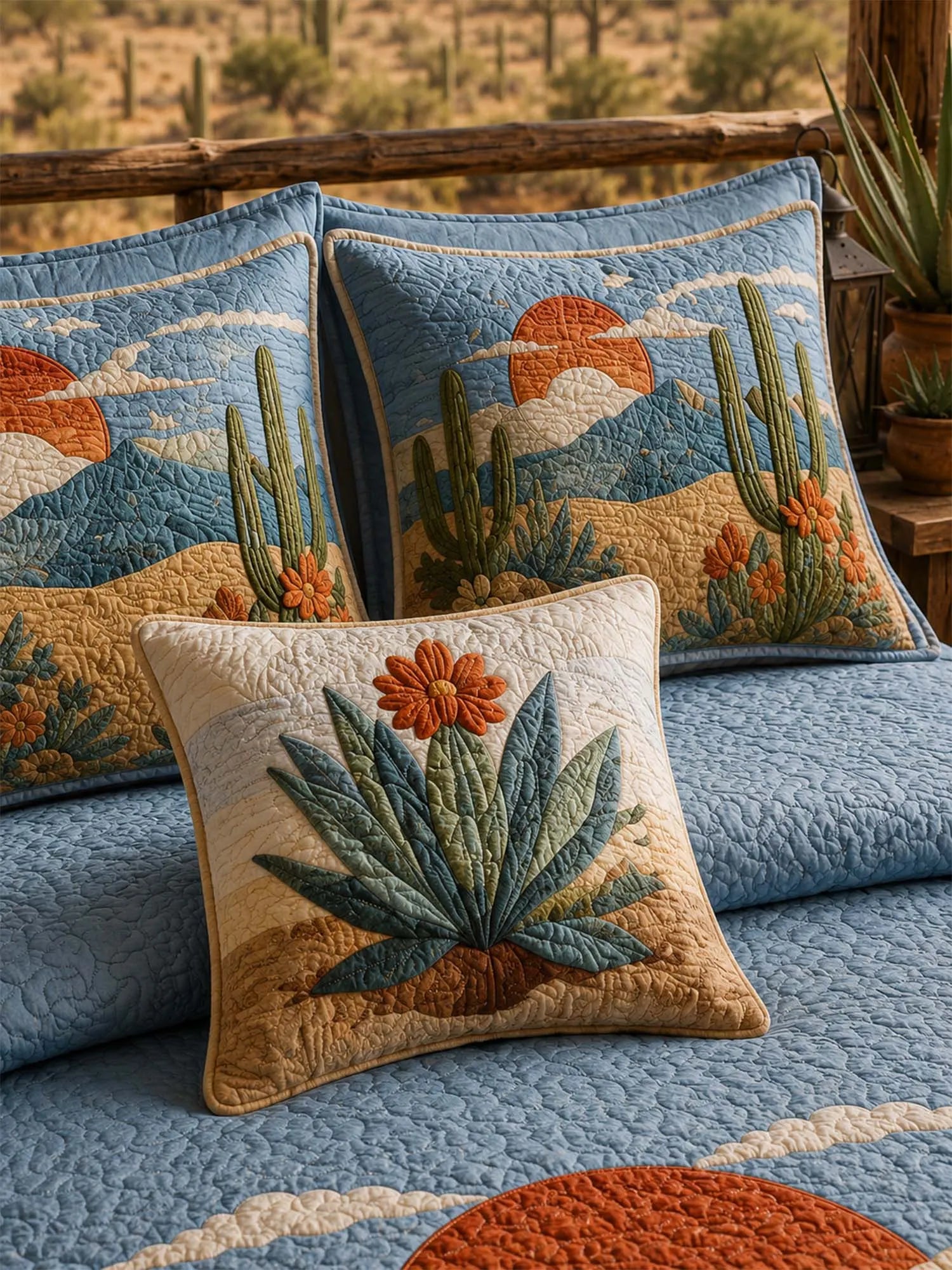 Desert Horse Landscape Quilted 3-Piece Bedding Set – Western Inspired Quilted Bedding with Matching Pillow Shams
