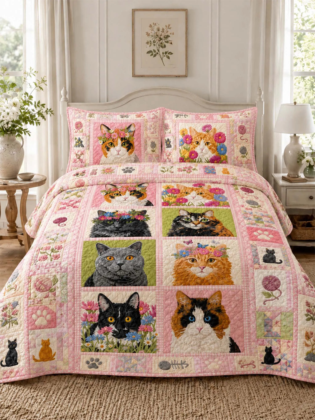 Floral Cat Portrait Quilted 3-Piece Bedding Set