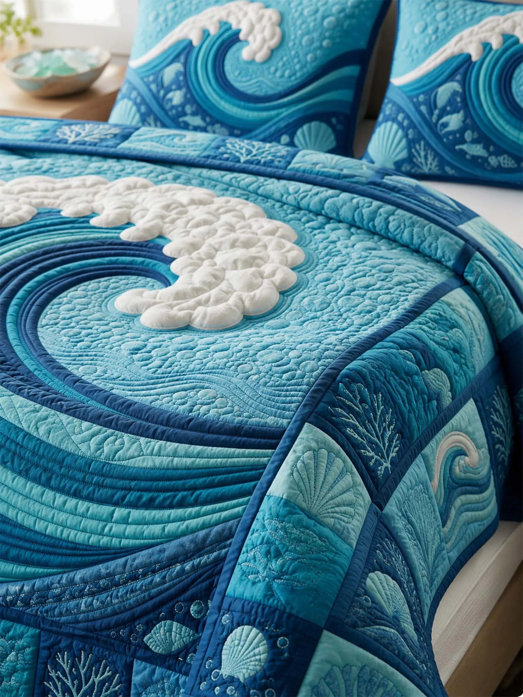 Ocean Wave Quilted 3-Piece Bedding Set – Coastal Inspired Quilted Bedding With Matching Pillow Shams