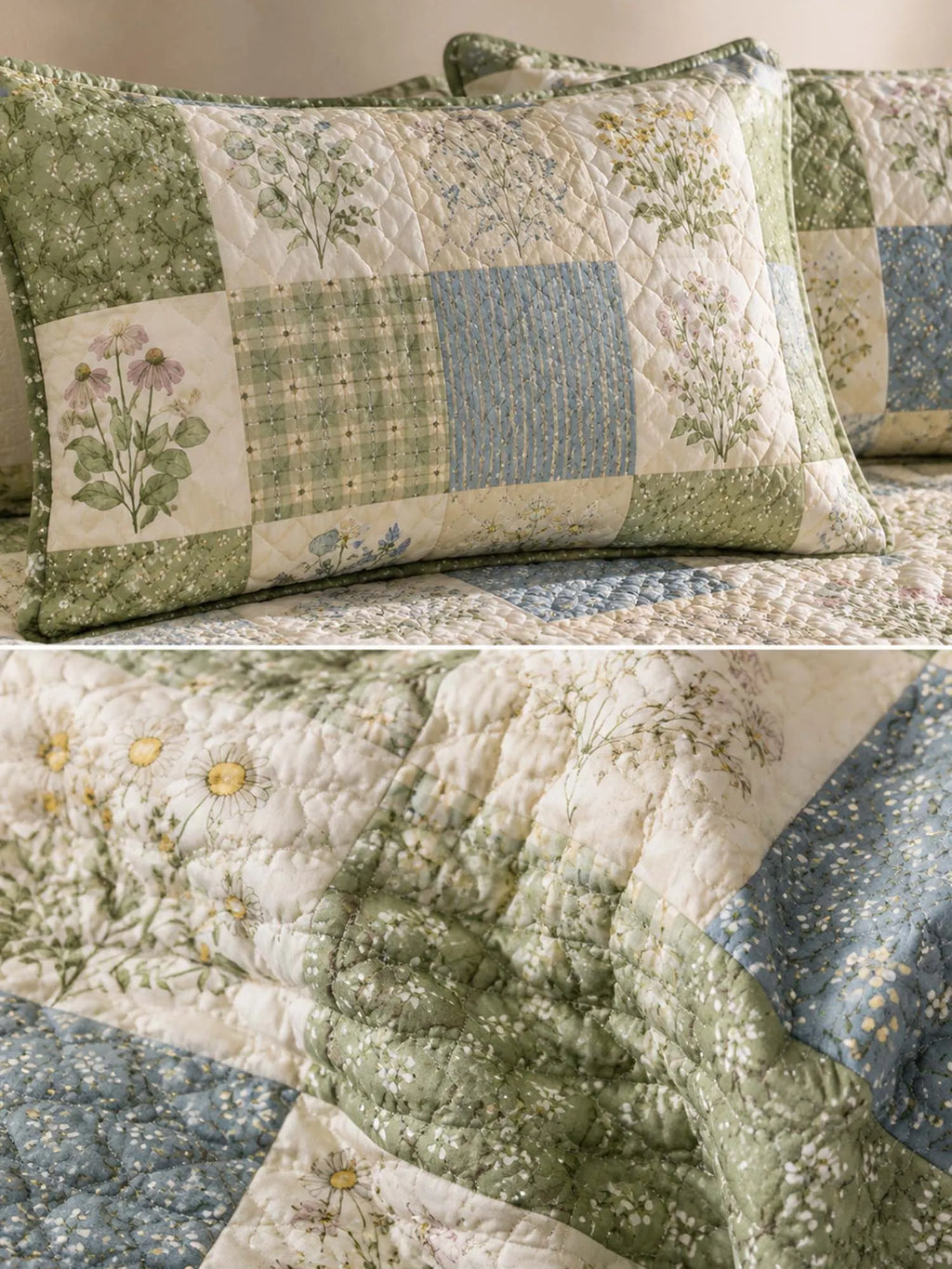 Herbal Garden Patchwork Quilted 3-Piece Bedding Set – Vintage Cottage Quilted Bedding With Matching Pillow Shams