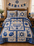 Hanukkah Menorah Dreidel Patchwork 3‐Piece Quilted Bedding Set