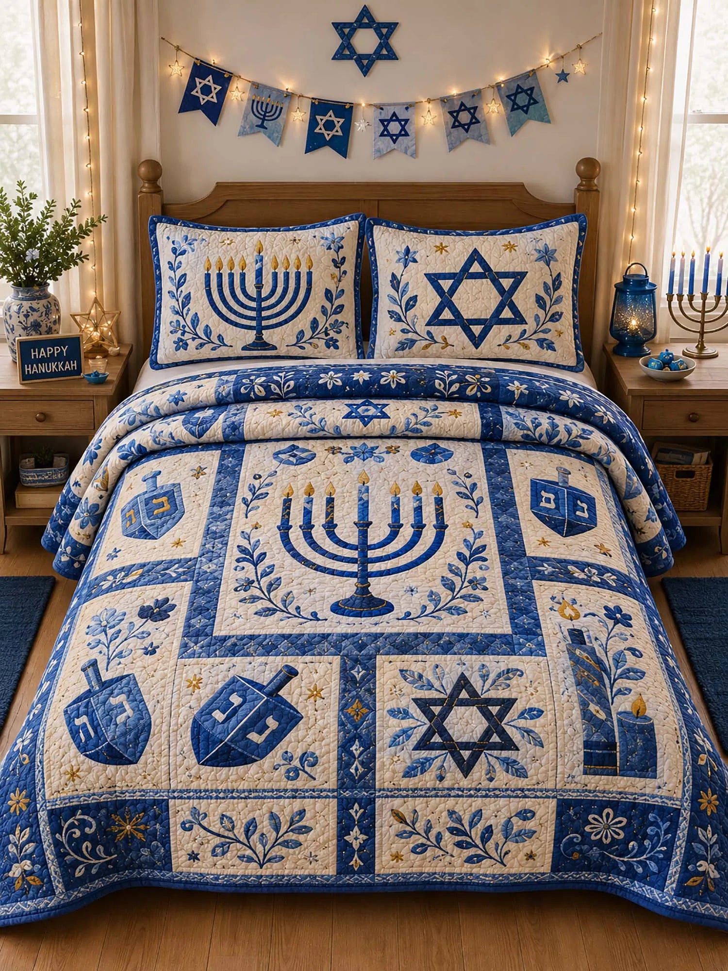 Hanukkah Menorah Dreidel Patchwork 3‐Piece Quilted Bedding Set