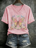 V Neck Retro Born To Shine Print T-Shirt