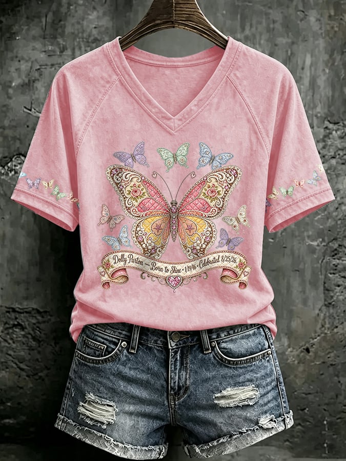 V Neck Retro Born To Shine Print T-Shirt