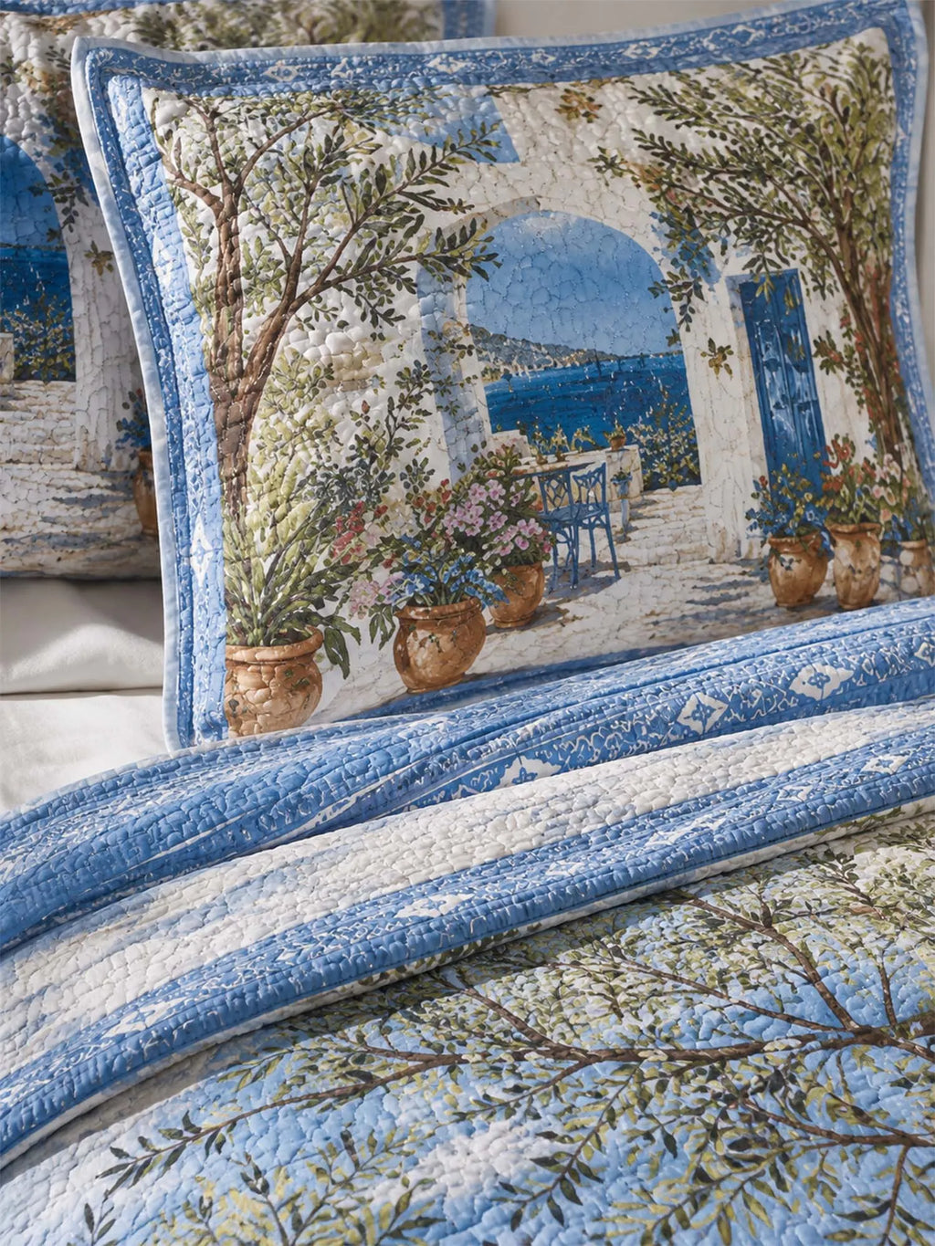 Mediterranean Garden Quilted 3-Piece Bedding Set – Luxury Quilted Bedding with Matching Pillow Shams