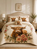 Highland Cow Rose Garden Quilted 3-Piece Bedding Set
