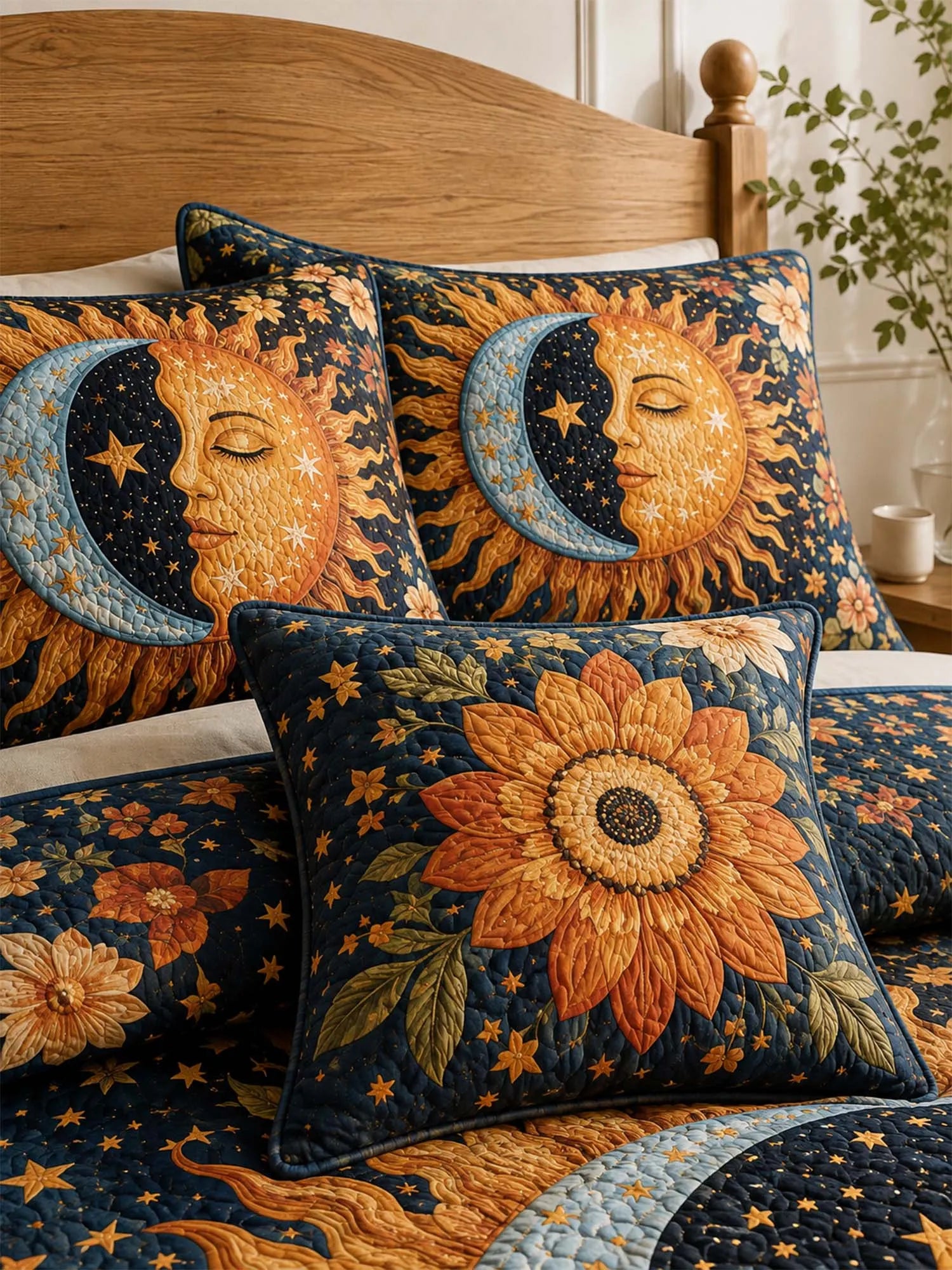 Celestial Sunflower Moonlight Quilted 3-Piece Bedding Set