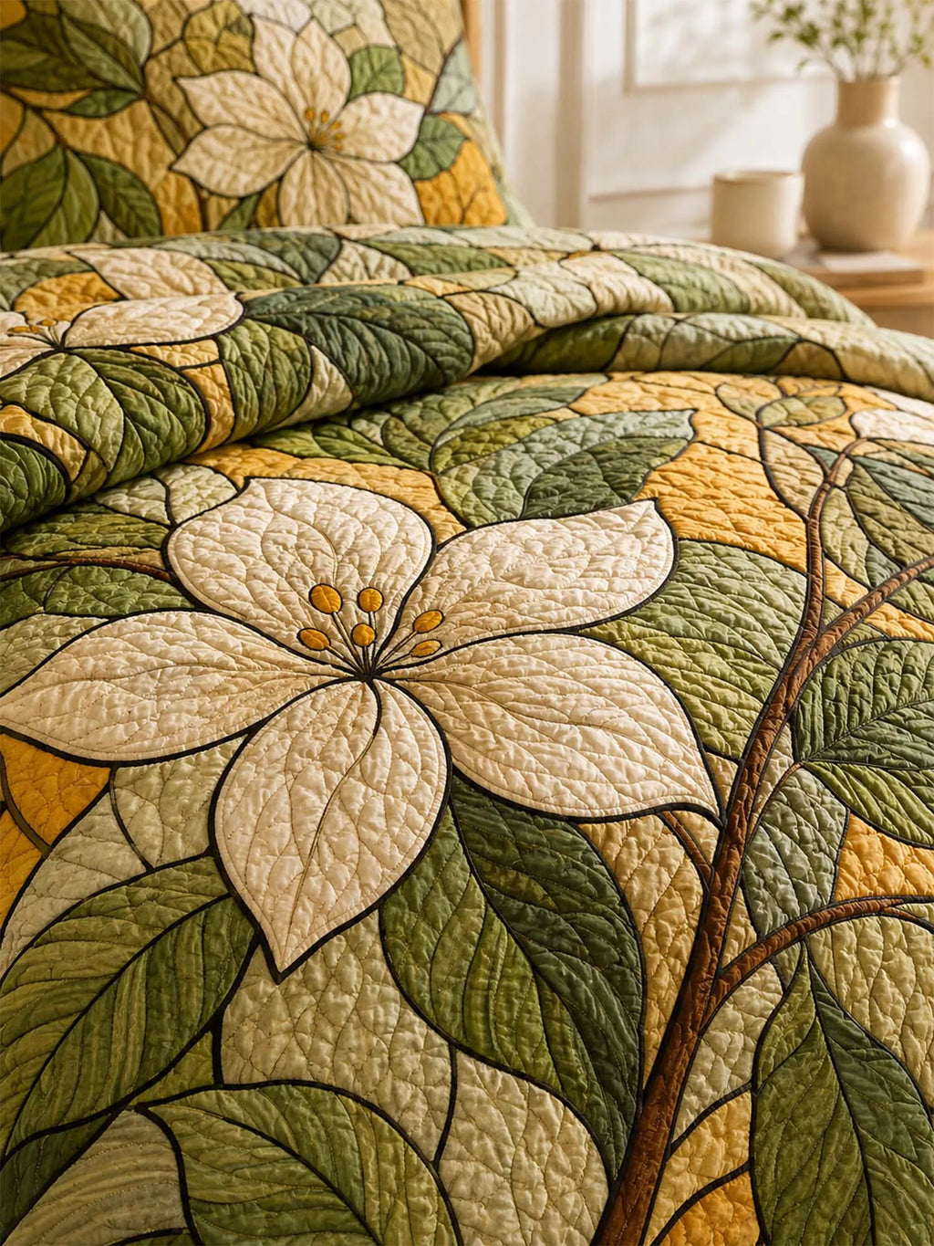 Ivory Magnolia Quilted 3-Piece Bedding Set – Vintage Botanical Quilted Bedding With Matching Pillow Shams
