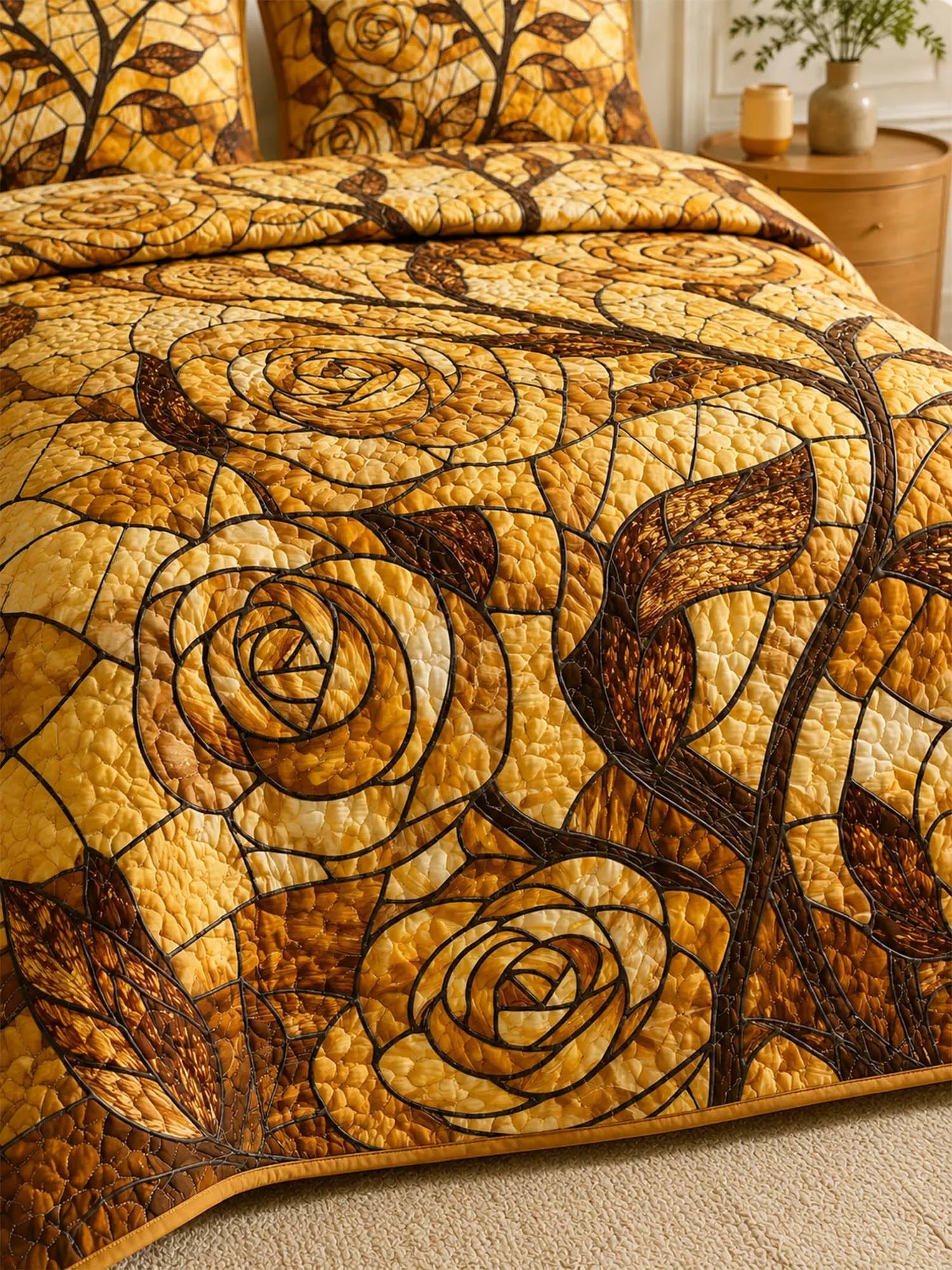 Golden Rose Quilted 3-Piece Bedding Set – Vintage Stained Glass Quilted Bedding With Matching Pillow Shams