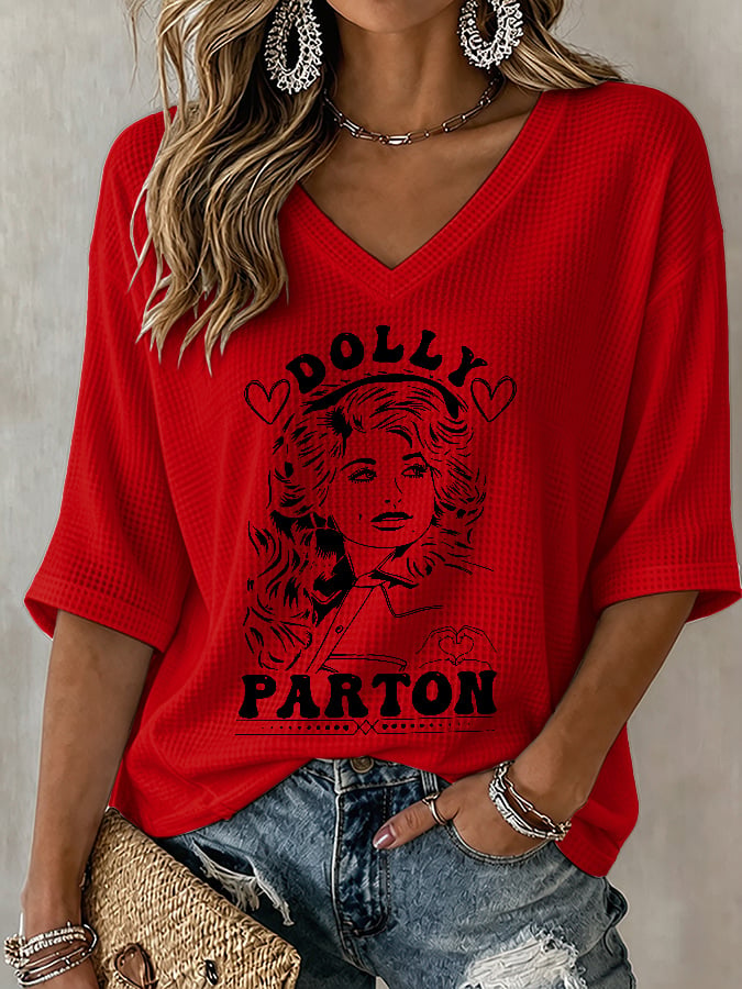 V-Neck Retro Dolly Print T-Shirt