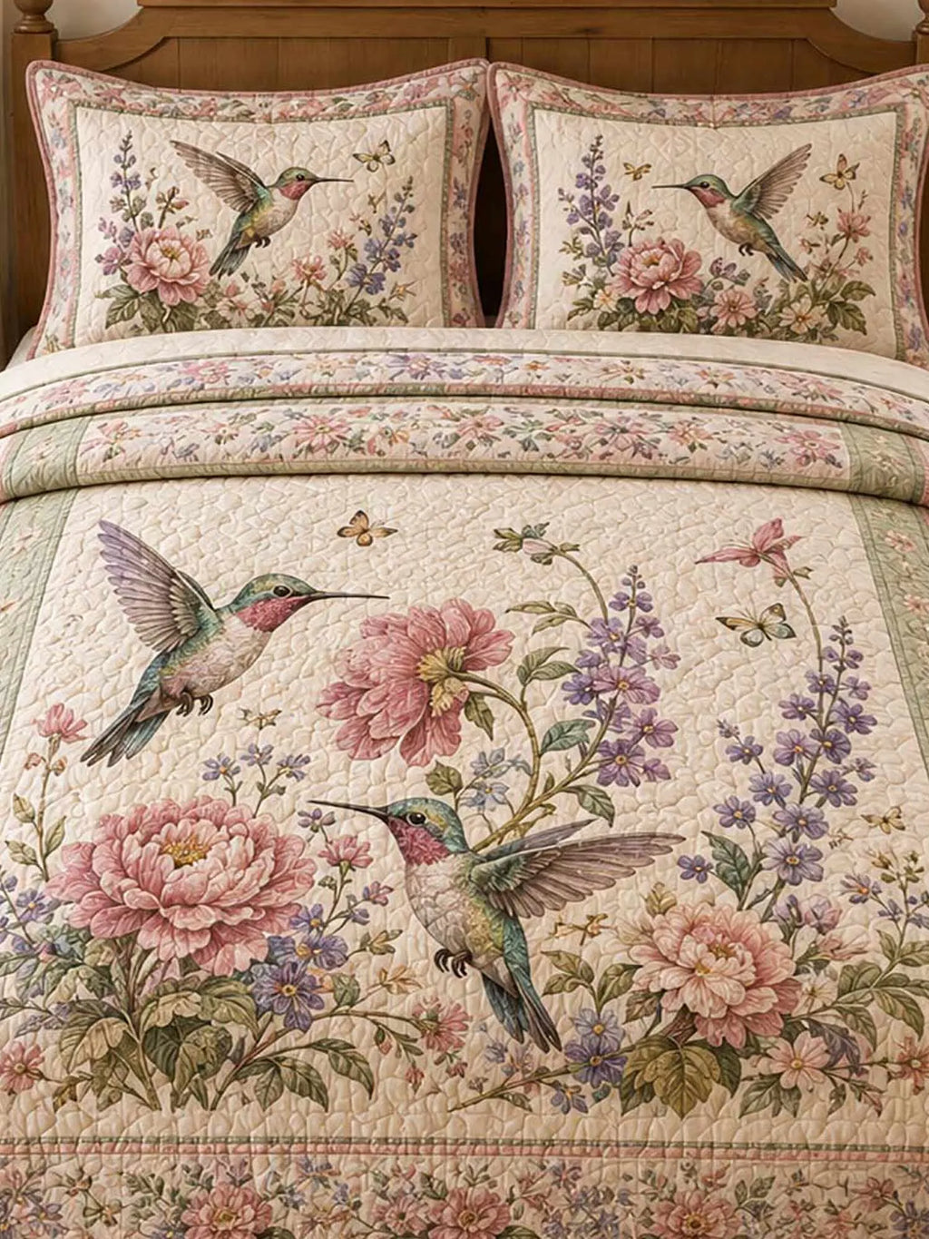 Vintage Hummingbird Spring Bloom Floral 3‐Piece Quilted Bedding Set