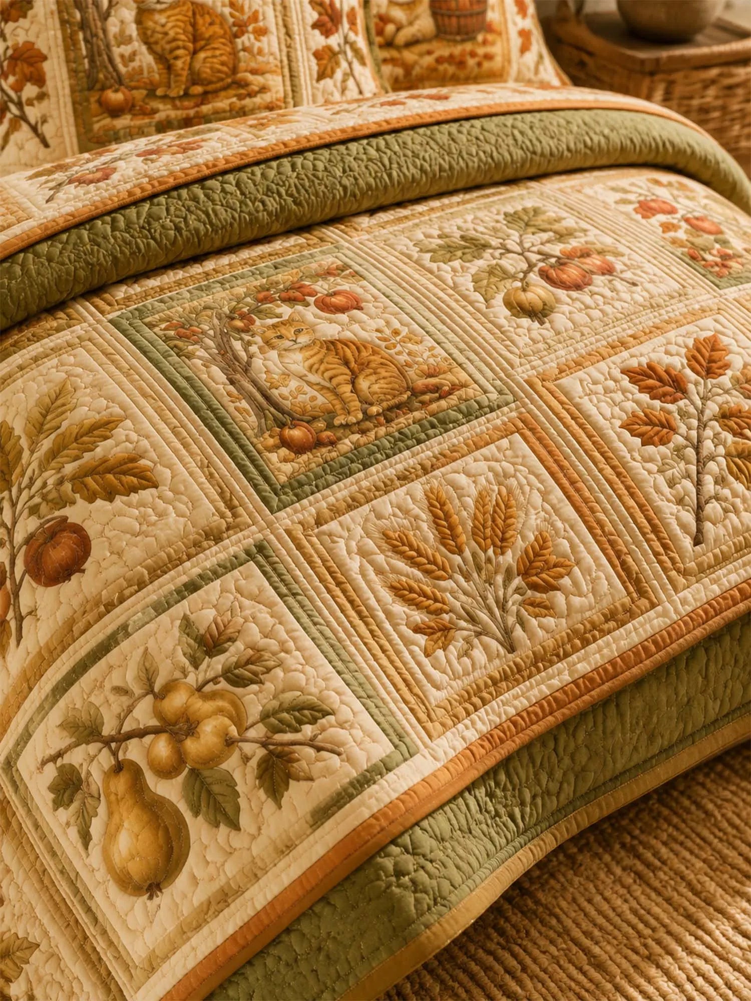 Autumn Orchard Cat Quilted 3-Piece Bedding Set