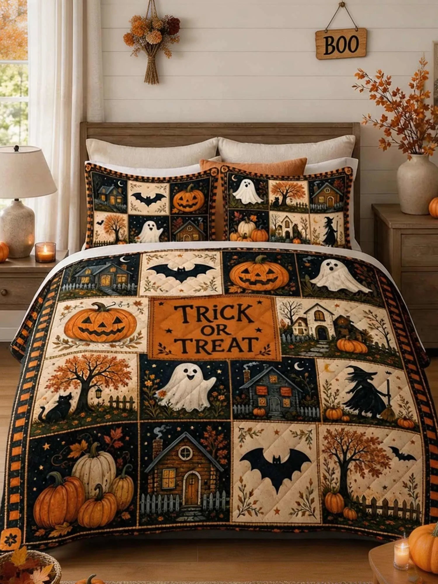 Halloween Trick Or Treat Patchwork Quilted 3‐Piece Bedding Set